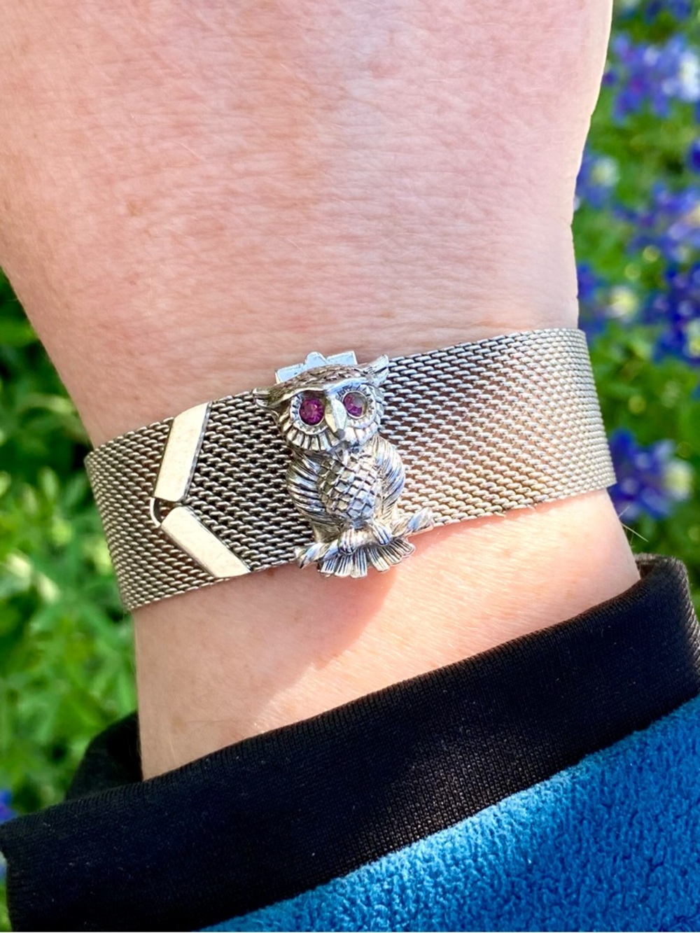 Vintage Sarah Coventry Signed “NOCTURNE" Silver-Tone Mesh Slide Owl Bracelet